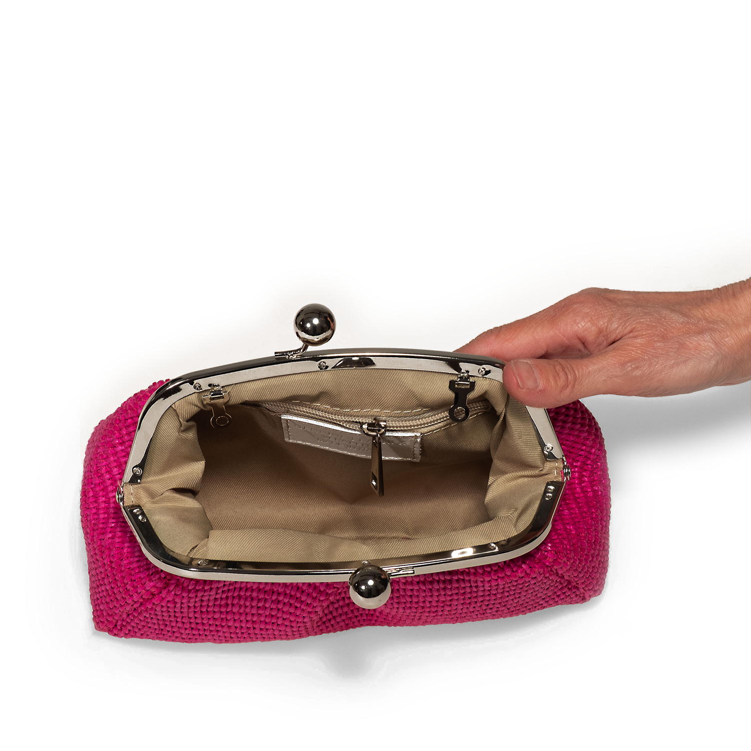 PA03_fucsia_inside Low cost rafia, eco-friendly natural vegetable fiber handbags Made in Italy by Bellini. Wholesale, OEM, private label handbags. No minimum order for handbags in stock.