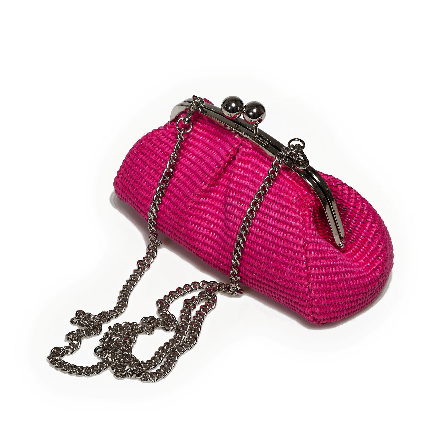 PA03_fucsia_threequarter-high Low cost rafia, eco-friendly natural vegetable fiber handbags Made in Italy by Bellini. Wholesale, OEM, private label handbags. No minimum order for handbags in stock.